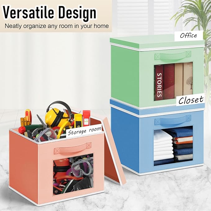10 Pcs Fabric Storage Cube with Lid 11x11 Inch Fabric Storage Bins with Window Handle Collapsible Cube Organizer Basket for Shelves Closet Bedroom Office Clothes Book Stuffs (Pastel)
