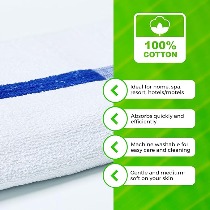 Towels N More 24x48 Soft Poolside Towels 6 Large Super Absorbent White Pool Towel with Blue Center Stripe for Home Pool Spa Gym Hotel Motel as Bath Towels