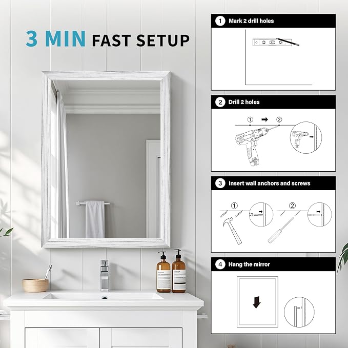 White Wood Effect Framed Wall Mirror, 20x30 Rectangle Mirror, Anti-desilvering