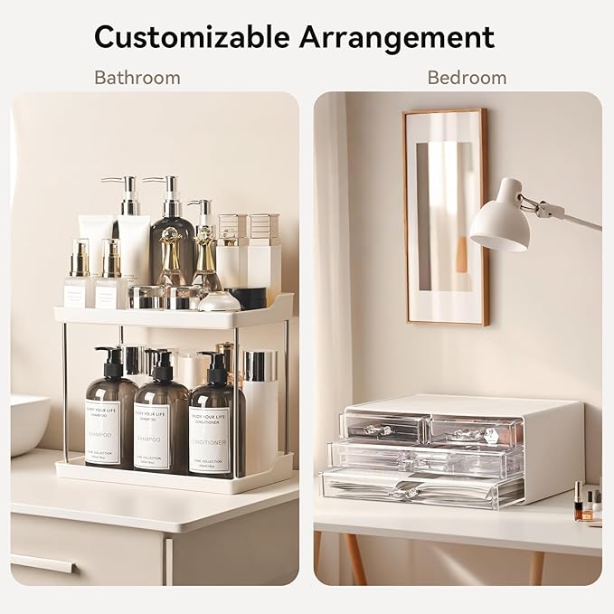 Bathroom Organizers and Storage, 5-Tier 4-Drawer Makeup Organizer Countertop, Multi-Purpose Large Makeup Vanity Organizer, Hair Product, Perfume & Skincare Storage, White