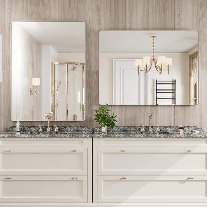 Brushed Nickel Bathroom Mirror 48x36 Inch, Brushed Silver Metal Frame Mirror Wall Mounted, Rounded Rectangle Bathroom Vanity Mirror, Tempered Glass, Anti-Rust, Horizontal/Vertical