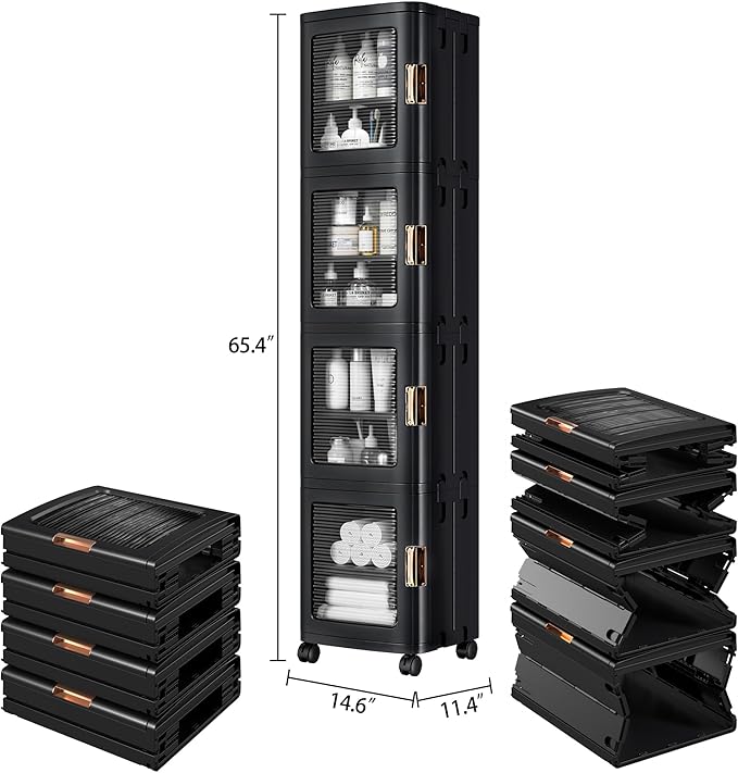 VECELO 4-Tier Tall Narrow Storage Cabinet with Movable Wheels, Adjustable Shelves, Anti-Tip, Slim, for Small Space, Bathroom, Kitchen, Laundry, Black