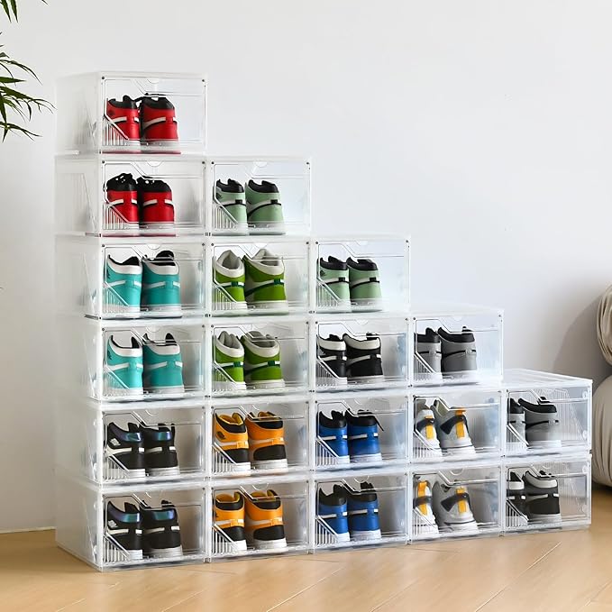 Foldable Shoe Organizer,Shoe Storage Organizer,10 Pack Shoe Box Clear Plastic Stackable,Drop Front Shoe Box with magnetic Door, Containers For Sneaker,Fit up to US Size 15