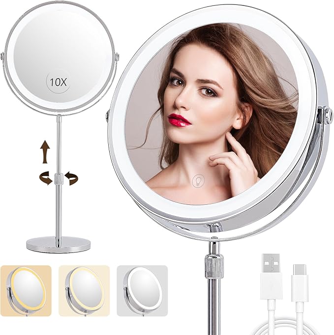 1X/10X Magnifying Makeup Mirror with Lights - 9" Large Dual-Sided Vanity Mirror with 3 Color Lights for Women's Travel Cosmetic Mirror | 3000 mAh-USB Rechargeable | 360° Rotation | Adjustable Height