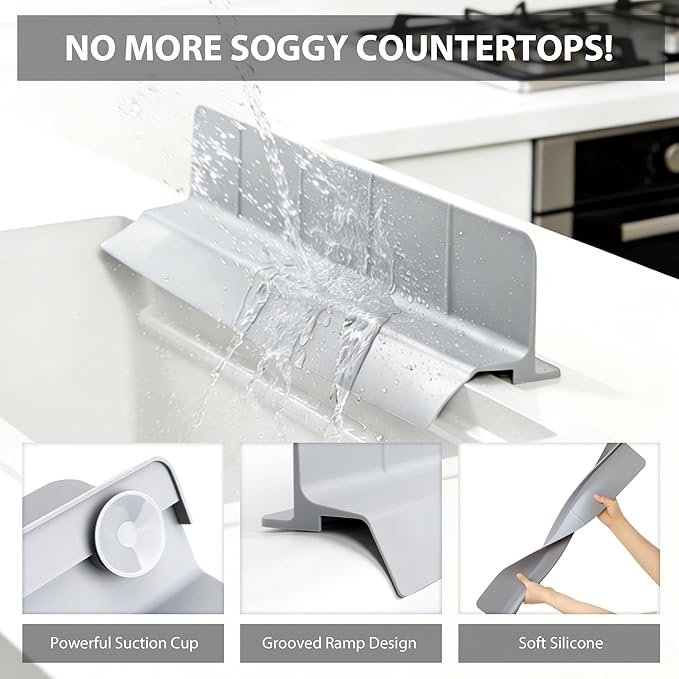 29Inch Sink Splash Guard – Extended Length & Tall Silicone Kitchen Sink Splash Guard with Overhang Drainage Design & Strong Suction Cups for Countertop(Grey, 29''x3.5'')