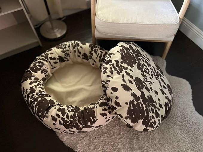 Organic Cotton Canvas Dog Bed: Removable Cover, Natural Fill - Made in USA (Cow Print Brown White, X Small 18" x 6" inches)