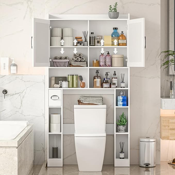 Over The Toilet Storage Cabinet, Farmhouse Toilet Cabinet Rack with Barn Doors, Space Saving Bathroom Organizer with Shelves, Toilet Paper Holder and Towel Rack for Bathroom,Restroom,Laundry（White）