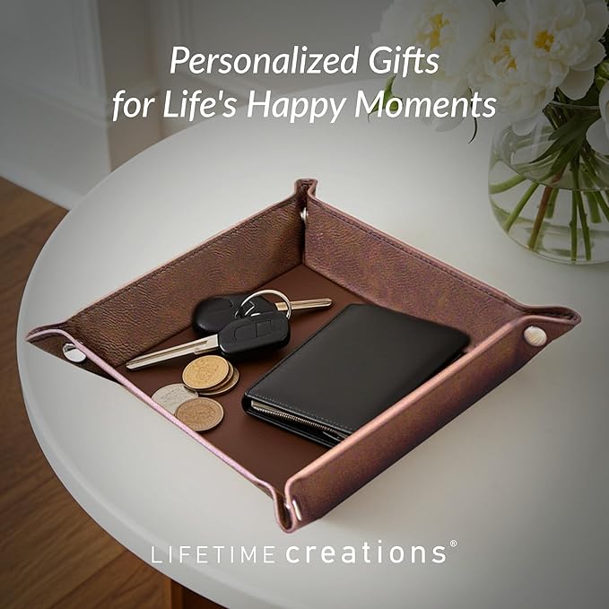 Lifetime Creations Monogrammed Valet Tray (Black) - Personalized Vegan Leather Catchall, Change Tray, Groomsmen Gift, Desk Dresser Organizer