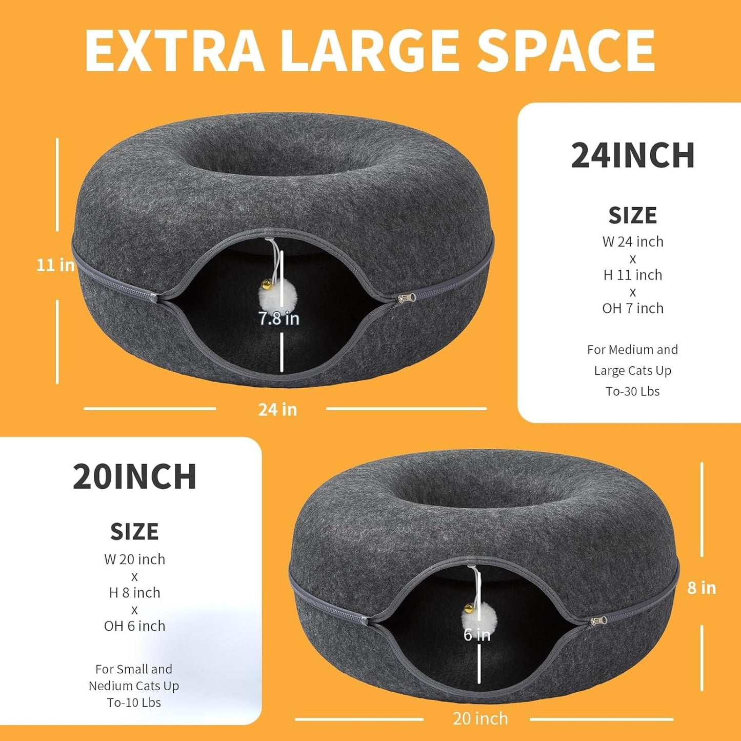 Jia Xi Indoor Cat Hideout, Donut Cat Bed, Universal for All Seasons Cat Condo and Cat Cave (24 in * 24 in * 11 in) Dark Grey