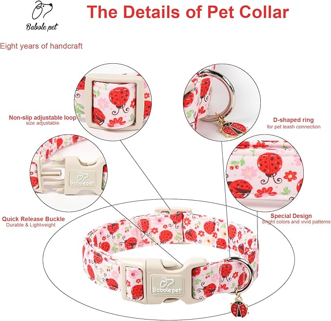Lucky Ladybug Dog Collar for Puppy Small Dogs - Sweet Pink Girl Dog Collars, Lightweight Adjustable Spring Garden Mom Dogs Collars with Quick Release Buckle XS