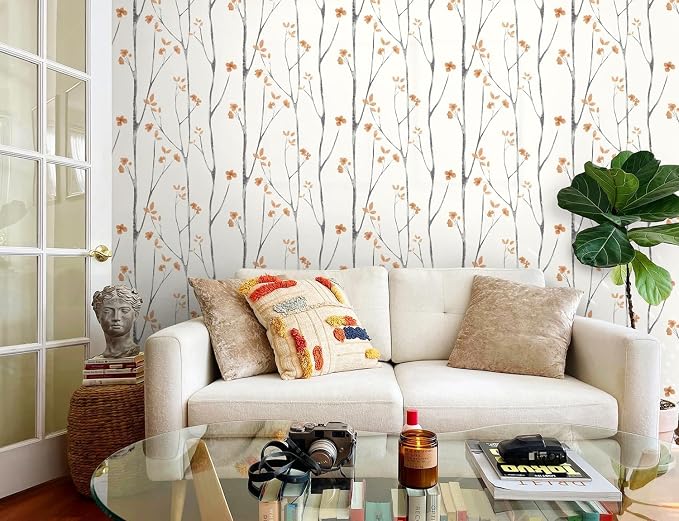 Timeet Boho Peel and Stick Wallpaper Floral Wall Paper Tree Contact Paper White