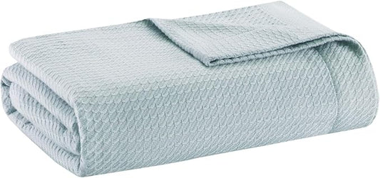 Madison Park Soft Certified 100% Egyptian Cotton Breathable Cozy Blanket, Premium Waffle Knit Classic Design, Luxury All Season Lightweight Cover for Bed, Couch and Sofa, Light Blue King(108"x90")
