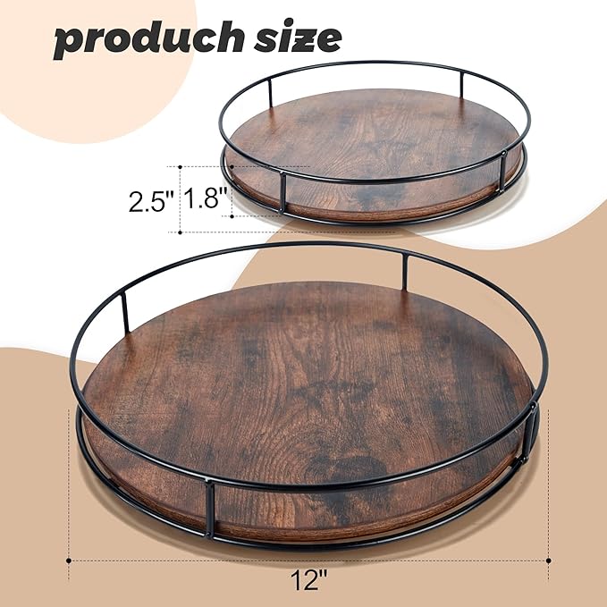 12 Inch Wood Lazy Susan, Rustic Brown Turntable Organizer with Steel Frame, 360 Degree Decorative Turntable for Countertop or Centerpieces