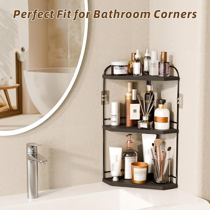 Corner Bathroom Counter Organizer, 3-Tier Wood Countertop Organizer for Perfume, Makeup Storage, Skincare Organizers for Vanity, Counter Corner Shelf for Kitchen, Bathroom, Dresser (Black)