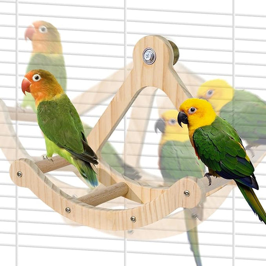 Bird Stand Perch Toy,Interactive Rocking Parakeet Toy and Perch, Wooden Exercise Wheel Cockatiel Toy, Intelligence Puzzle Enrichment Toys,Bird Playground Play Stands for Conure Budgie(A)