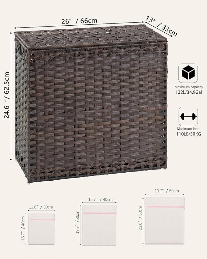 Laundry Hamper with Lid Laundry Basket 132 L (35 Gal) Wicker Clothes Hamper, Handwoven Rattan Hamper with Handles and 4 Removable Liner Bags, 6 Mesh Bags for Laundry Bedroom Brown