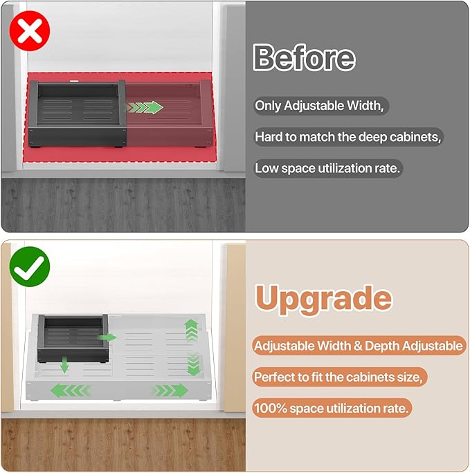 1 Pack Pull out Cabinet Organizer, Width (12"-19") Depth (17"-23"), with 3 Rails Adjustable Slide, Expandable Pullout Drawers for Cabinets, No Drill Adhesive Kitchen Drawers for Pantry Shelves