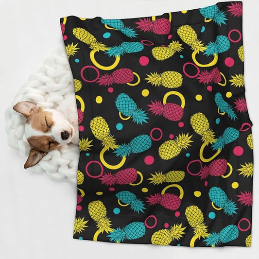 Two Sided Pet Cuddler Blanket for Anxiety Calming, Colorful Tropical Summer Pineapple Print, Reversible Plush Design with Bubble Dot Pattern Provides Familiar Surface Anywhere