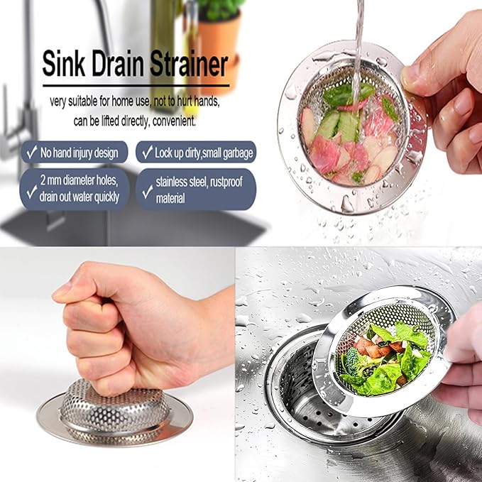 Kitchen Sink Strainer Basket Stainless Steel - Sink Drain Cover with Wide Rim, for Most Kitchen Sinks Anti-Clogging 4.5 in (3pc Silver)