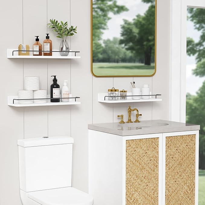 Forbena White Floating Shelves Bathroom Shelves Over Toilet Set of 3, Bathroom Organizers and Storage Shelves Wall Mounted, Modern Wood Corner Wall Shelf for Bedroom Closet -White and Dark Grey