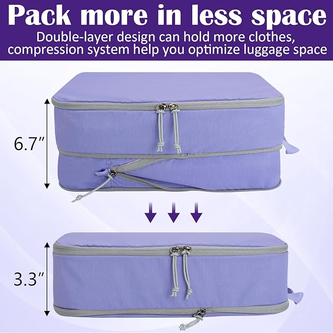 Extra Large Compression Packing Cubes for Travel Essentials, 2 Set Expandable Travel Cubes for Packing Compression Bags Luggage Suitcase Organizer, Purple