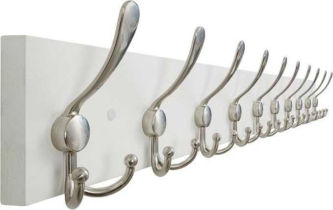 SKOLOO Creations White Solid Wood Wall Mounted Coat Rack, 10 Hooks, 38-1/8" Long