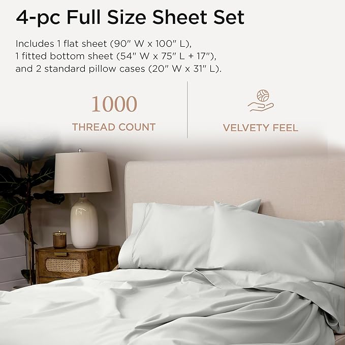 Threadmill Luxury Supima Cotton Sheets, Luxury 1000 Thread Count Soft 100% Cotton Sheets for Full Size Bed, 4 Pc Light Grey Bed Sheets Full Set, 5-Star Hotel Quality Deep Pocket Bed Sheets Set