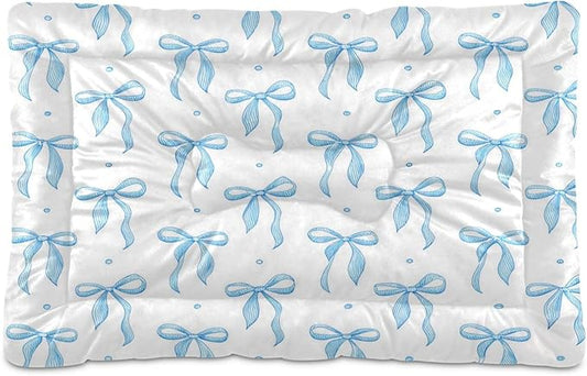 Blue Ribbon Bow Dog Bed Mat Cat Crate Pad with Non-Slip Bottom, Washable Soft Pet Kennel Beds for Small Medium Large Dogs, 24"x18"