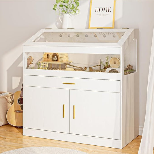 Big Hamster Cage with Storage Cabinet,Indoor Guinea Pig Cages for Small Animals,Wooden Hamster Enclosure with Easy View Acrylic Panels & Drawer for Hamster, Rabbit, Guinea Pig, Hedgehog