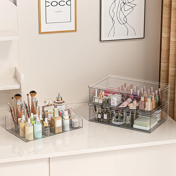 Clear Stackable Makeup Organizer with Drawer, 12''W Acrylic Storage Drawers, Cosmetic Display Case for Vanity Bathroom Countertop, Beauty Holder for Lipstick Brush Skincare Perfume (4 Pack)