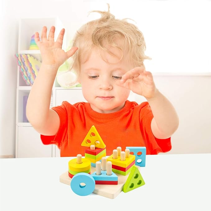 WOOD CITY Wooden Montessori Sorting & Stacking Toys for Toddlers 1 2 3 Year Old, Educational Shape Color Recognition Puzzle Stacker, Development & Learning Toys Boys Girls
