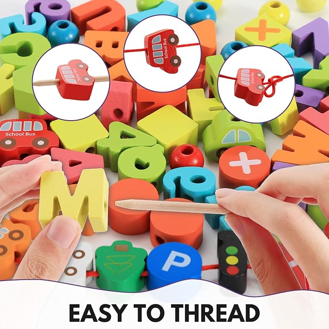 BMTOYS Wooden Lacing Toy Alphabet Number Threading Beads for Boys Girls Age 3 4 5 6 Montessori Educational Learning Birthday Gift