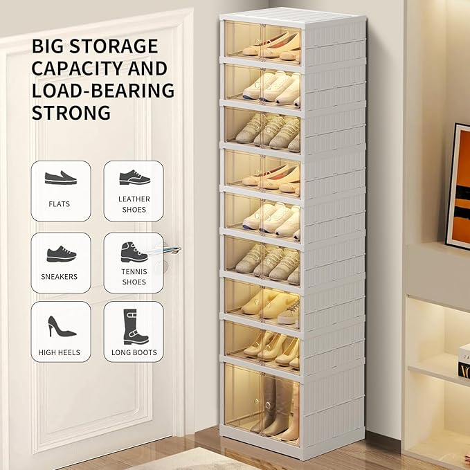 EHAMILY 9 Tier Foldable Shoe Rack Organizer for Closet 18-36Pairs Plastic Collapsible Shoe Racks Shelf Stackable Clear Folding Shoes Storage boxes for Small Spaces Narrow Shoe Storage Cabinet