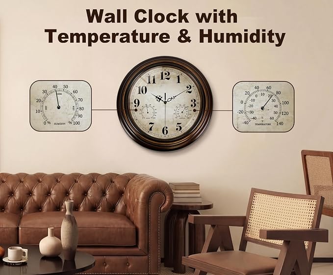 Vintage Wall Clock 13 Inch Quartz Silent Non-Ticking Analog Clock