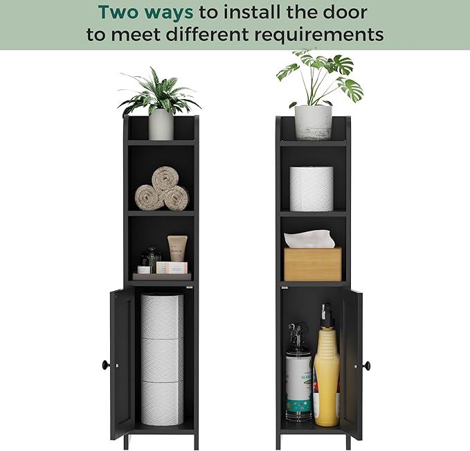 Homhedy Small Bathroom Storage Corner Floor Cabinet with Door and Shelves, Beside The Toilet Paper Stand for Skinny, Narrow Toilet Paper Cabinet, 7.9" D x 7.1" W x 31" H, Black