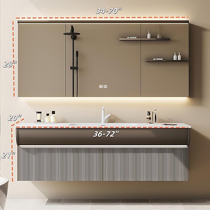 Solid Wood Bathroom Vanity Set - Wall Mounted Bathroom Cabinet with Light, Mirror with Light & Defog, Exquisite Accessories (Mirror Cabinet Style, 60'')