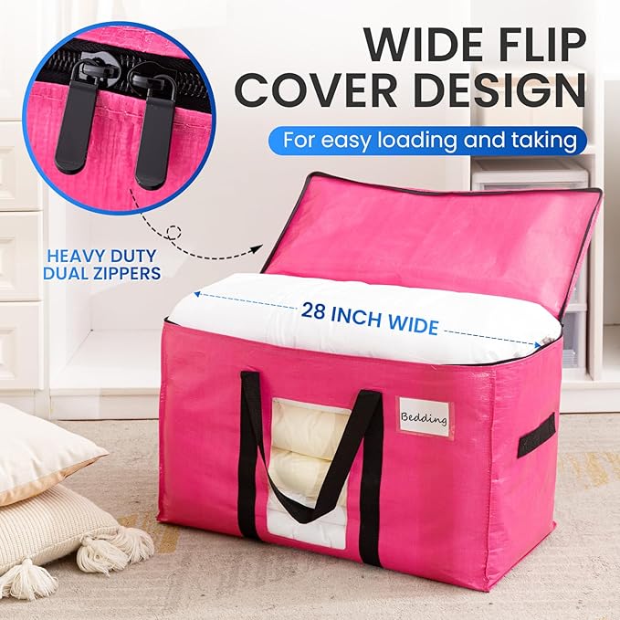 TAILI 10 Pack Pink Extra Large Moving Bags, Heavy Duty Totes with Visible Window, Wrap Around Handles, Ideal for Storage, Space-Saving