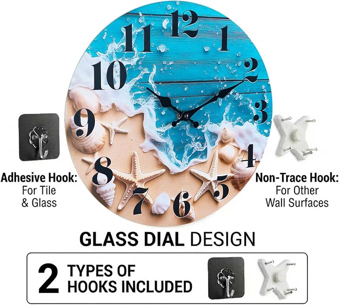 Indoor/Outdoor Clocks Waterproof, Glass Rustic Beach Decor Wall Clock