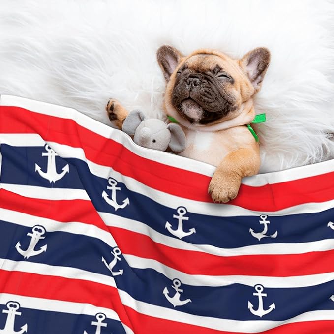 Double Sided Plush Pet Blanket for Small Large Animals, Nautical Anchor Seamless Pattern Blue and Red Stripe, Reversible Throw with Dimpled Dot Side and Flat Side for Kennels Living Rooms