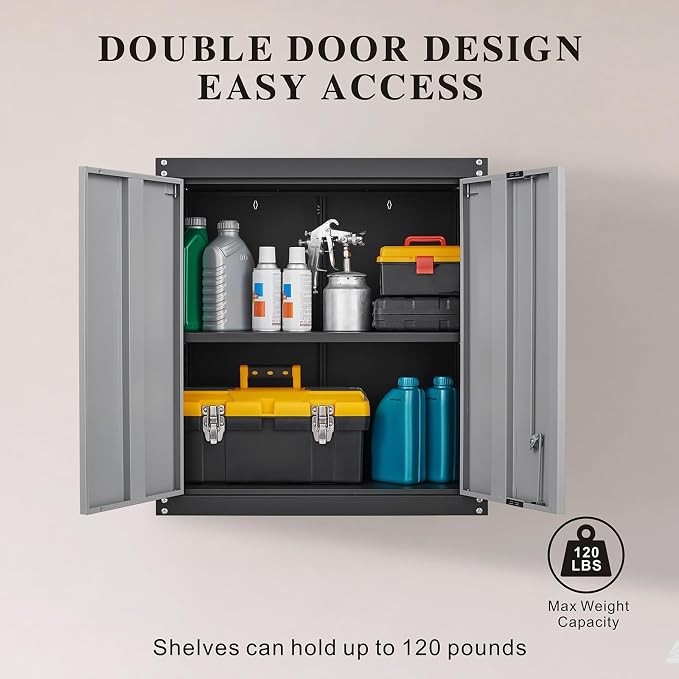 GREATMEET Lockable Storage Cabinet, Metal Garage Storage Cabinets, Metal Wall