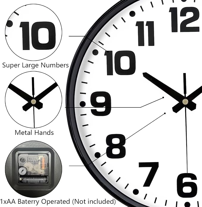 Modern Silent Wall Clock, 12 Inch Non-Ticking Battery Operated Clock, Round