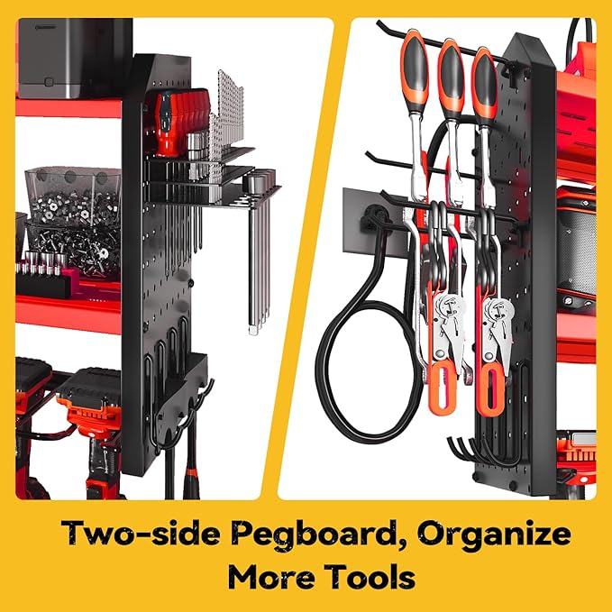 SOYEEZE Large Power Tool Organizer Wall Mount with Charging Station, 3 Layer Heavy Duty Metal Tool Storage Rack with 8 Drill Holder, Tool Holder Built in 8 Outlet Power Strip-Red