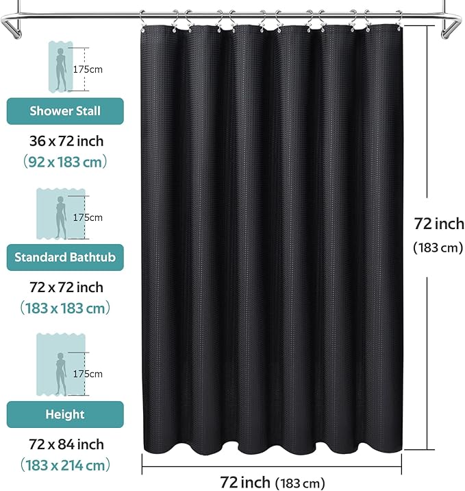 3 in 1 Shower Curtain Set, Waffle Shower Curtain and Liner Set with 12 Double Sided Shower Curtain Hooks, 258GSM Luxury Weighted Cloth Shower Curtains for Bathroom, 72 W x 72 H, Black