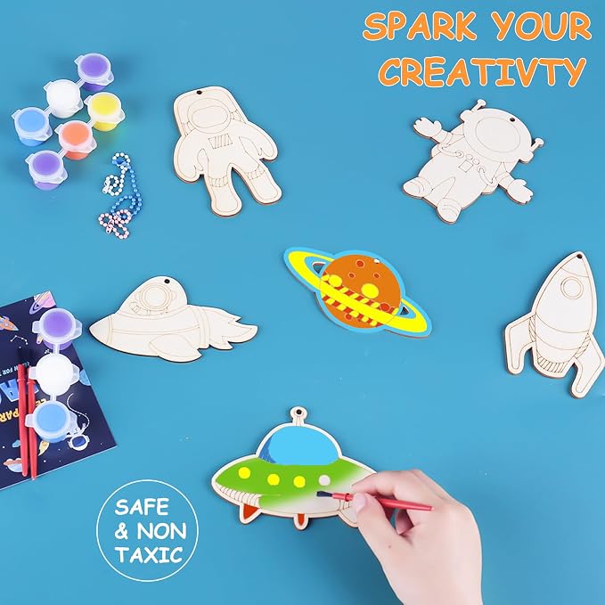 JOTIKO 12 Pack Space Party Favors - Wooden Keychains Painting Kits Toy Arts Crafts for Kids, Out Space Astronaut Birthday Party Return Gifts Activities Goodie Bag Stuffers Classroom Prize Exchange
