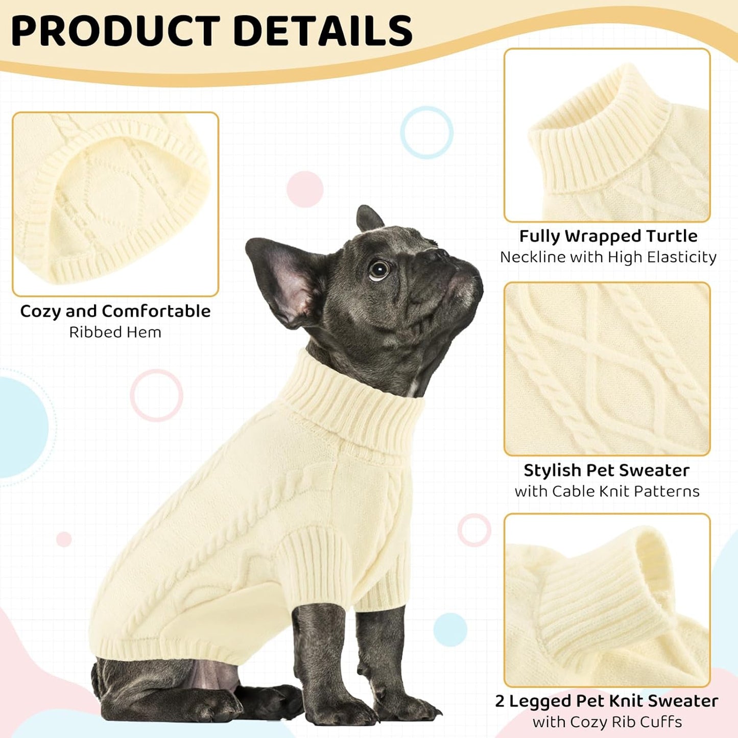 Queenmore Dog Sweater Large Size,Warm Dog Sweaters for Big Dogs,Chunky Knitted Doggy Sweater for Extra Large Dogs Boy Girl, Big Doggie Turtleneck Winter Outfit (White,2XL)