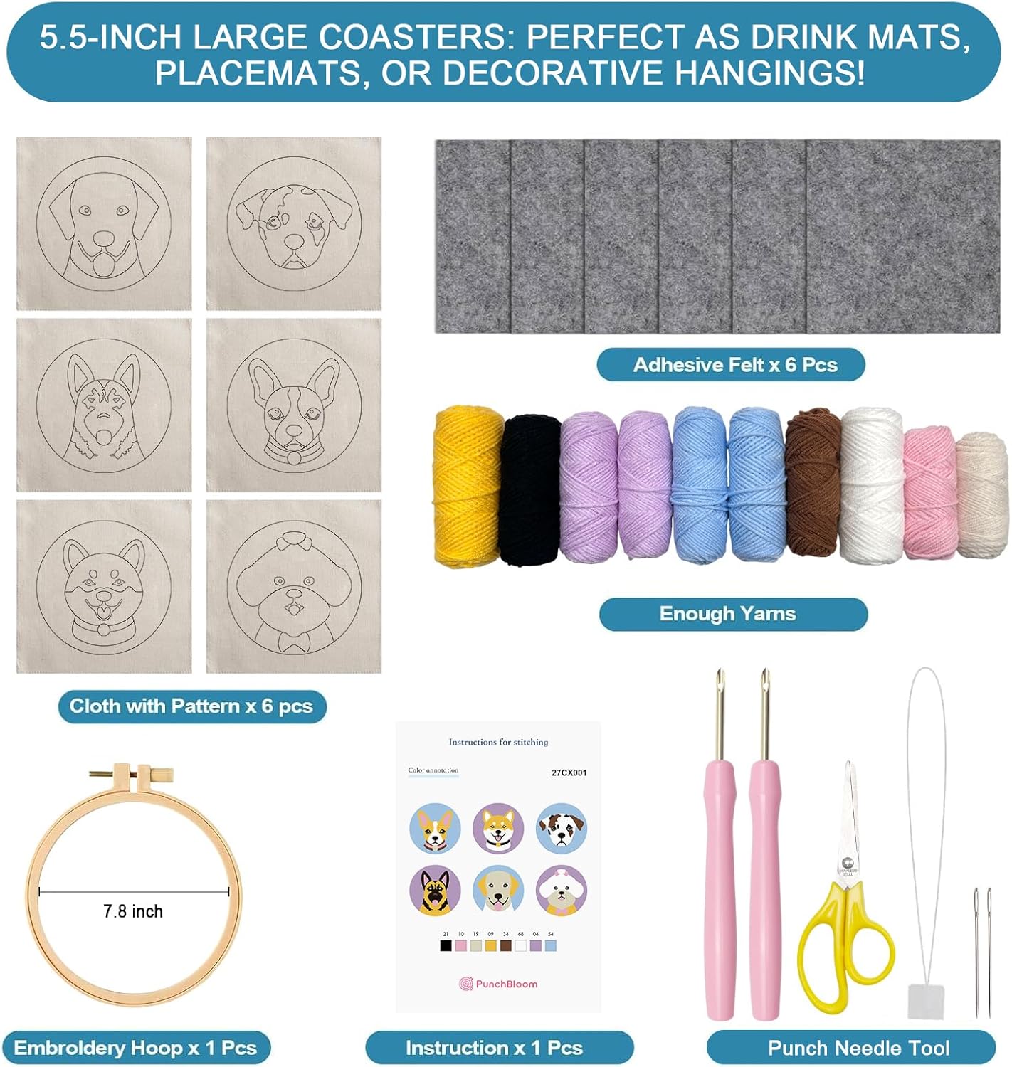 Punch Needle Kit for Adults Beginners, 6-Piece Cute Dog Punch Coaster Starter Kit – Easy Embroidery Stitch Craft Set with Instructions – Fun Needle Point Tufting for Table Decor & Festival Gifts