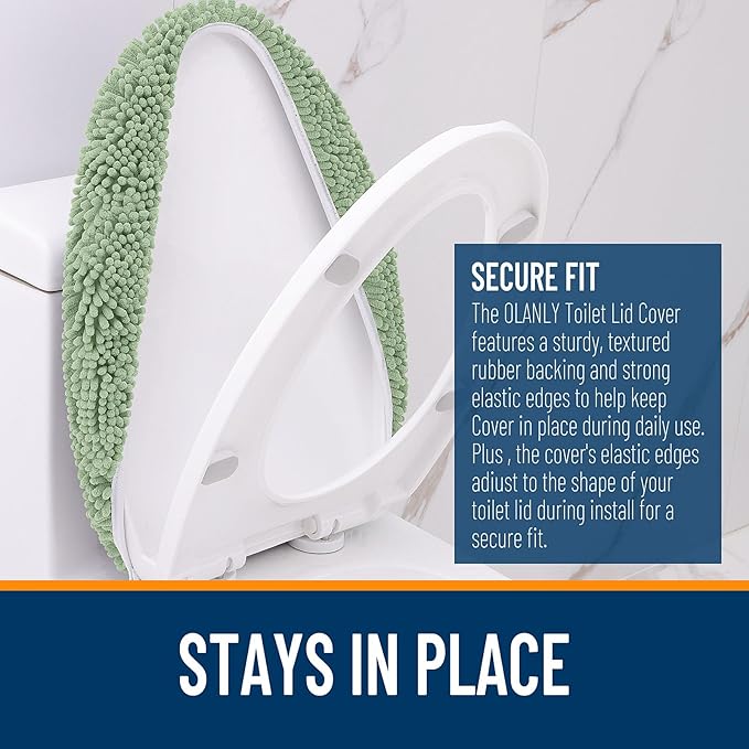 OLANLY Soft Chenille Bathroom Toilet Lid Cover, Machine Washable Seat Covers, 17.5x15, Stays in Place Rubber Backing, Fits Most Round, Elongated and Oblong Lids, Accessories Decor, Sage Green