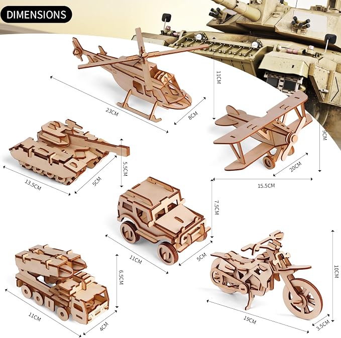 calary 3D Wooden Puzzle Simulation Animal Dinosaur Assembly DIY Model Toy for Kids and Adults,Set of 6