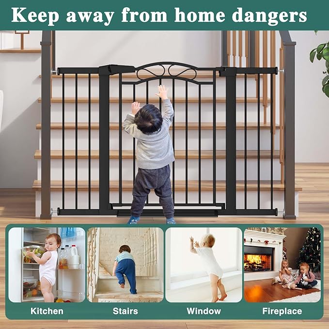 Fairy Baby 62.6"-65.3" Extra Wide Baby Gate with Door, 63 64 65 Inches Walk THR Baby Gates for Stairs Pressure Mounted no Drill, Indoor Tension Metal Child Pet Dog Safety Gate for Kids, Black
