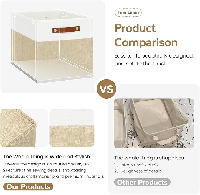 13x13 Storage Cubes 6-Pack, Large Foldable Fabric Cube Storage Bin with Reinforced Bottom and Labels, Organizer Baskets for Shelves, Closets(White/Khaki)